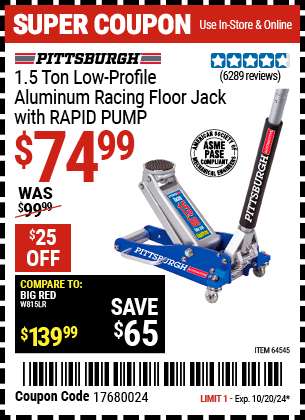 Buy the PITTSBURGH AUTOMOTIVE 1.5 Ton Low-Profile Aluminum Racing Floor Jack with RAPID PUMP (Item 64545) for $74.99, valid through 10/20/2024.