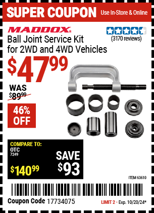 Buy the MADDOX Ball Joint Service Kit for 2WD and 4WD Vehicles (Item 63610) for $47.99, valid through 10/20/2024.