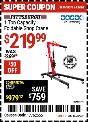 Buy the PITTSBURGH 1 Ton Capacity Foldable Shop Crane (Item 58794) for $219.99, valid through 10/20/2024.