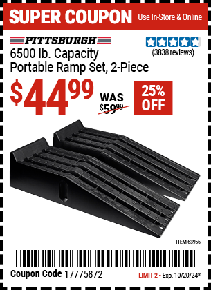 Buy the PITTSBURGH AUTOMOTIVE 6500 lb. Capacity Portable Ramp Set, 2-Piece (Item 63956) for $44.99, valid through 10/20/2024.