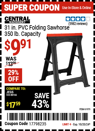 Buy the CENTRAL MACHINERY 31 in. PVC Folding Sawhorse, 350 lb. Capacity (Item 61979) for $9.91, valid through 10/20/2024.