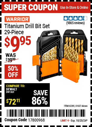 Buy the WARRIOR Titanium Drill Bit Set, 29 Piece (Item 61637/62281) for $9.95, valid through 10/20/2024.