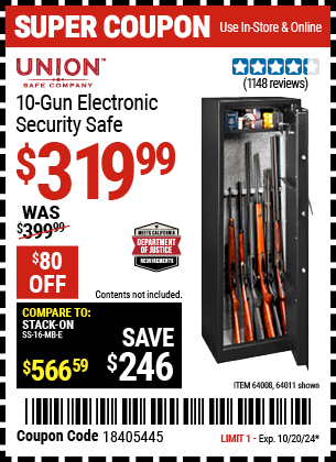 Buy the UNION SAFE COMPANY 10 Gun Electronic Security Safe (Item 64011/64008) for $319.99, valid through 10/20/2024.