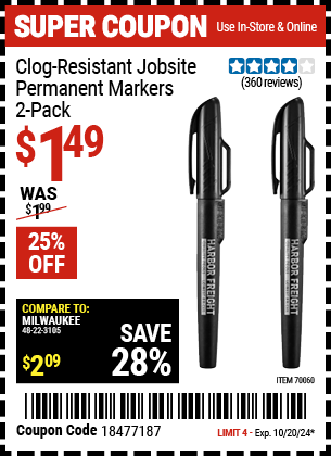 Buy the Clog-Resistant Jobsite Permanent Markers, 2-Pack (Item 70060) for $1.49, valid through 10/20/2024.