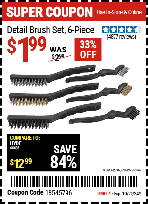 Buy the Detail Brush Set, 6 Piece (Item 69526/62616) for $1.99, valid through 10/20/2024.