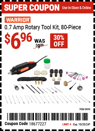 Buy the WARRIOR 0.7 Amp Rotary Tool Kit, 80-Piece (Item 58999) for $6.96, valid through 10/20/2024.