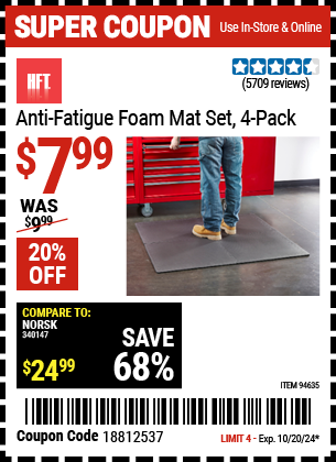 Buy the HFT Anti-Fatigue Foam Mat Set, 4 Pack (Item 94635) for $7.99, valid through 10/20/2024.