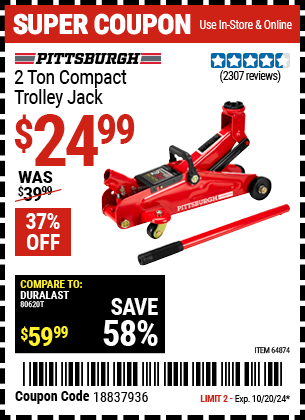 Buy the PITTSBURGH AUTOMOTIVE 2 Ton Compact Trolley Jack (Item 64874) for $24.99, valid through 10/20/2024.