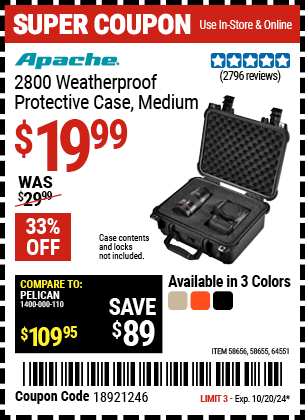 Buy the APACHE 2800 Weatherproof Protective Case, Medium (Item 58655/58656/64551) for $19.99, valid through 10/20/2024.