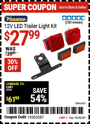 Buy the KENWAY 12V LED Trailer Light Kit (Item 64275) for $27.99, valid through 10/20/2024.