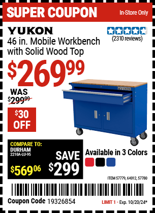 Buy the YUKON 46 in. Mobile Workbench with Solid Wood Top (Item 57779/57780/64012/64023) for $269.99, valid through 10/20/2024.