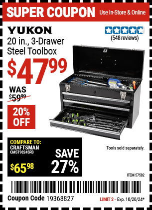 Buy the YUKON 20 in. 3 Drawer Steel Toolbox (Item 57582) for $47.99, valid through 10/20/2024.