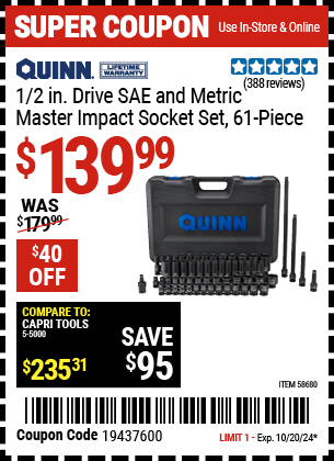 Buy the QUINN 1/2 in. Drive SAE and Metric Master Impact Socket Set, 61 Piece (Item 58680) for $139.99, valid through 10/20/2024.