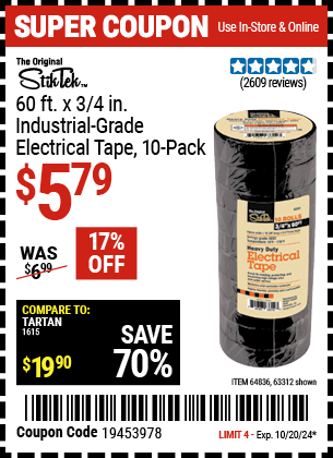 Buy the STIKTEK 60 ft. x 3/4 in. Industrial Grade Electrical Tape, 10 Pack (Item 63312/64836) for $5.79, valid through 10/20/2024.