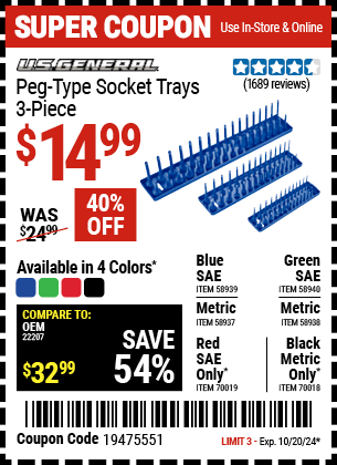 Buy the U.S. GENERAL Peg-Type Socket Tray, 3 Piece (Item 58937/58938/58939/58940/70018/70019) for $14.99, valid through 10/20/2024.