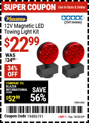 Buy the KENWAY 12V Magnetic LED Towing Light Kit (Item 64282) for $22.99, valid through 10/20/2024.