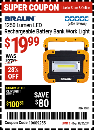 Buy the BRAUN 1250 Lumen LED Rechargeable Battery Bank Work Light (Item 56163) for $19.99, valid through 10/20/2024.