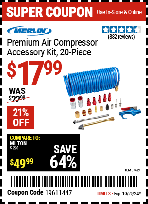 Buy the MERLIN Premium Air Compressor Accessory Kit, 20-Piece (Item 57621) for $17.99, valid through 10/20/2024.