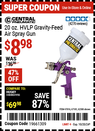 Buy the CENTRAL PNEUMATIC 20 oz. HVLP Gravity Feed Air Spray Gun (Item 62300/47016/67181) for $8.98, valid through 10/20/2024.