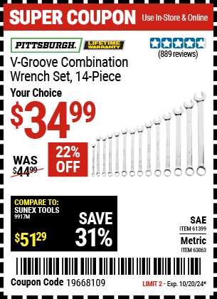 Buy the PITTSBURGH V-Groove Combination Wrench Set, 14 Piece (Item 61399/63063) for $34.99, valid through 10/20/2024.