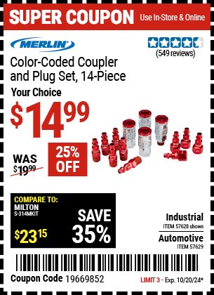 Buy the MERLIN Color-Coded Coupler and Plug Set, 14 Piece (Item 57628/57629) for $14.99, valid through 10/20/2024.