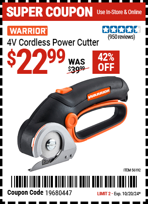 Buy the WARRIOR 4V Cordless Power Cutter (Item 56192) for $22.99, valid through 10/20/2024.