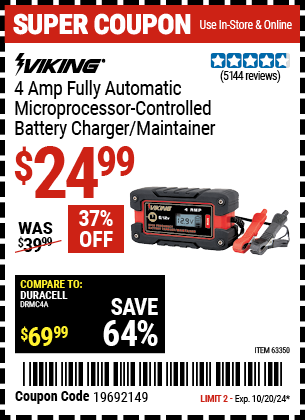 Buy the VIKING 4Amp Fully Automatic Microprocessor-Controlled Battery Charger/Maintainer (Item 63350) for $24.99, valid through 10/20/2024.