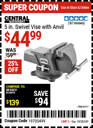 Buy the CENTRAL MACHINERY 5 in. Swivel Vise with Anvil (Item 59117) for $44.99, valid through 10/20/2024.