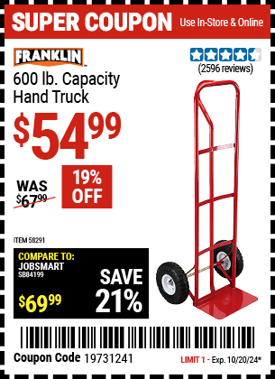 Buy the FRANKLIN 600 lb. Capacity Hand Truck (Item 58291) for $54.99, valid through 10/20/2024.