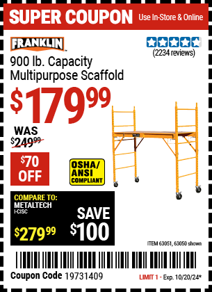 Buy the FRANKLIN 900 lb. Capacity Multi-Purpose Scaffold (Item 63050/63051) for $179.99, valid through 10/20/2024.