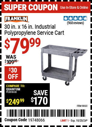 Buy the FRANKLIN 29-3/4 in. x 15-3/4 in. Industrial Polypropylene Service Cart (Item 58322) for $79.99, valid through 10/20/2024.