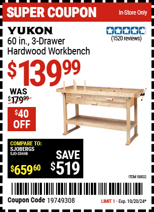 Buy the YUKON 60 in., Three Drawer Hardwood Workbench (Item 58832) for $139.99, valid through 10/20/2024.