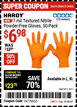 Buy the HARDY 7 mil Textured Nitrile Powder-Free Gloves, 50-Pack (Item 70711/70712) for $6.98, valid through 10/20/2024.