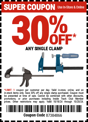 Save 30% Off all Clamps , valid through 10/20/2024.