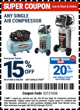 Save 15% Off Any Single Air Compressor, valid through 10/27/2024.