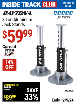 Inside Track Club members can Buy the DAYTONA 3 Ton Aluminum Jack Stands (Item 56687) for $59.99, valid through 12/5/2024.