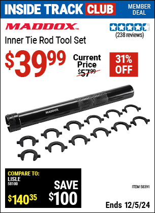 Inside Track Club members can Buy the MADDOX Inner Tie Rod Tool Set (Item 58391) for $39.99, valid through 12/5/2024.