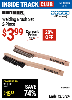 Inside Track Club members can Buy the BERGER Welding Brush Set, 2-Piece (Item 63514) for $3.99, valid through 12/5/2024.