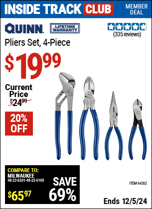 Inside Track Club members can Buy the QUINN Pliers Set, 4-Piece (Item 64262) for $19.99, valid through 12/5/2024.