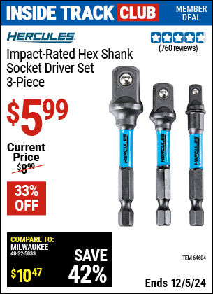 HERCULES Impact Rated Hex Shank Socket Driver Set 3 Piece for 5.99 Harbor Freight Coupons