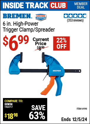 Inside Track Club members can Buy the BREMEN 6 in. High Power Trigger Clamp/Spreader (Item 64990) for $6.99, valid through 12/5/2024.