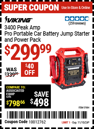 Buy the VIKING 3400 Peak Amp Pro Portable Car Battery Jump Starter and Power Pack (Item 57084) for $299.99, valid through 11/10/2024.