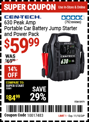 Buy the CEN-TECH 630 Peak Amp Portable Car Battery Jump Starter and Power Pack (Item 58979) for $59.99, valid through 11/10/2024.