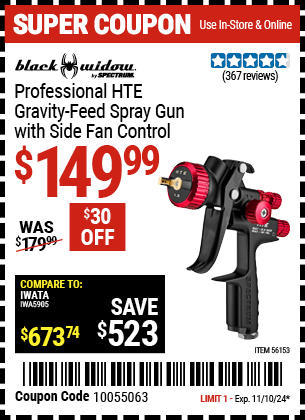 Buy the BLACK WIDOW BY SPECTRUM Professional HTE Gravity Feed Spray Gun with Side Fan Control (Item 56153) for $149.99, valid through 11/10/2024.