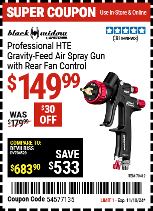 BLACK WIDOW BY SPECTRUM Professional HTE Gravity Feed Air Spray Gun with Rear Fan Control for 149.99 Harbor Freight Coupons