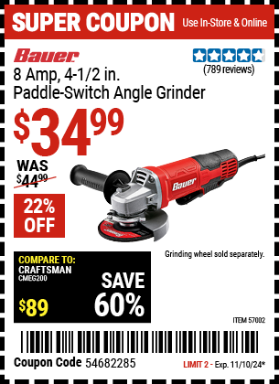 Buy the BAUER 8 Amp 4-1/2 in. Paddle Switch Angle Grinder (Item 57002) for $34.99, valid through 11/10/2024.