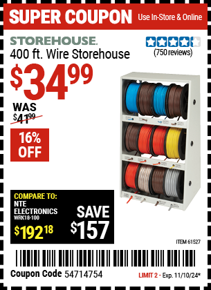 Buy the STOREHOUSE 400 Ft. Wire Storehouse (Item 61527) for $34.99, valid through 11/10/2024.