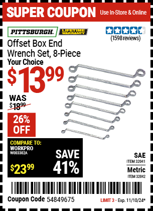 Buy the PITTSBURGH Offset Box End Wrench Set, 8 Piece (Item 32041/32042) for $13.99, valid through 11/10/2024.