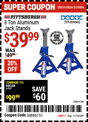 Buy the PITTSBURGH AUTOMOTIVE 3 Ton Aluminum Jack Stands (Item 91760) for $39.99, valid through 11/10/2024.