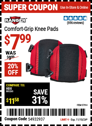 Buy the RANGER Comfort Grip Knee Pads (Item 57914) for $7.99, valid through 11/10/2024.